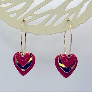 Gold tone Hoop Earrings with Gold tone beads, Red Hearts, Pierced Vintage